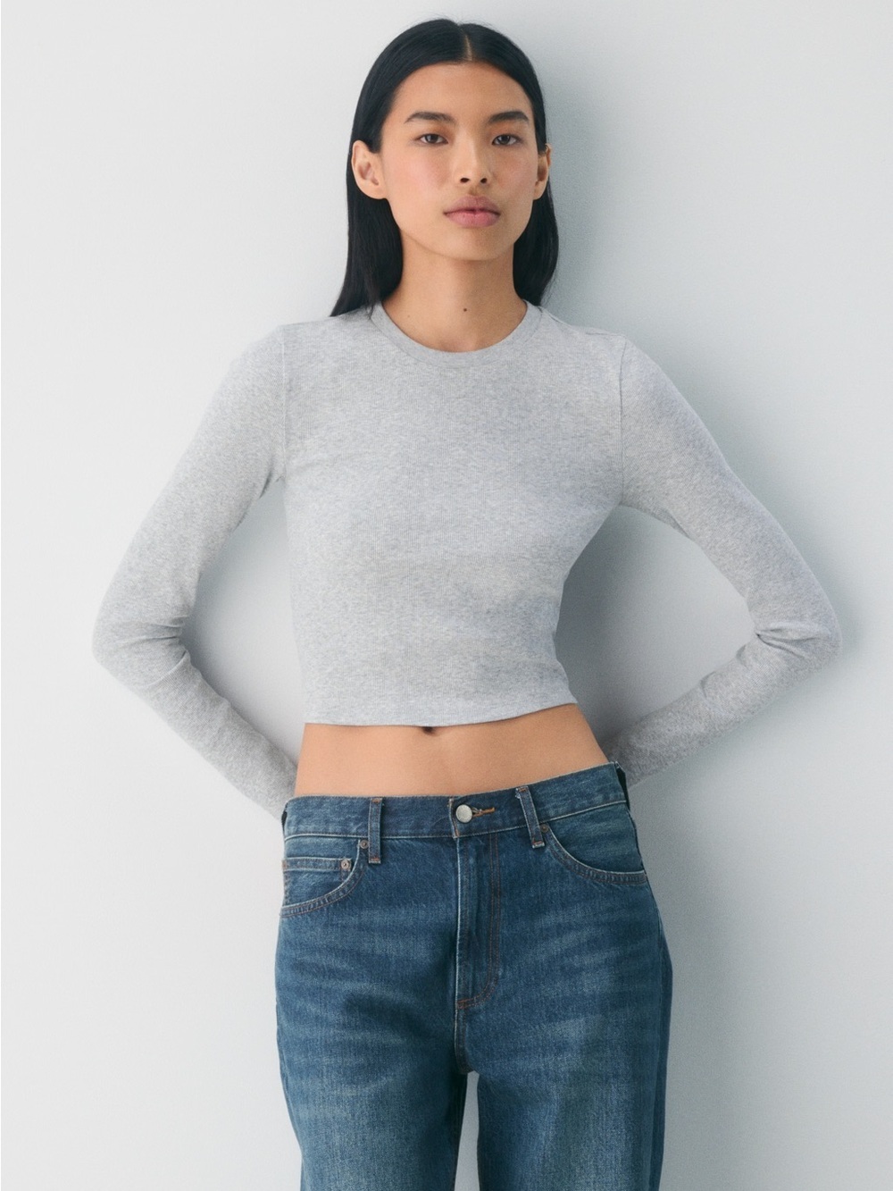 TNA Light Gray Long-Sleeve Crewneck Crop Top​